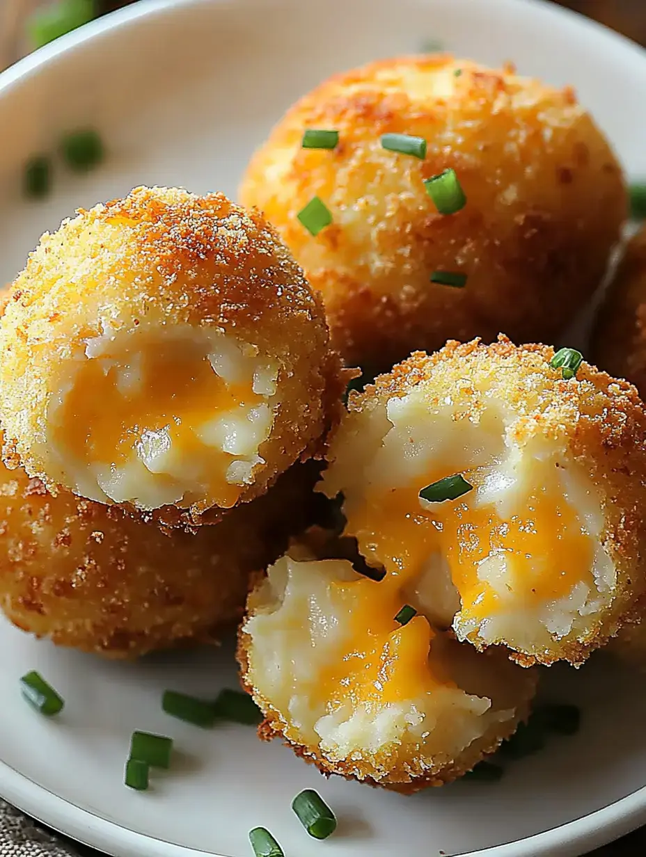Plato de bolitas de patata y queso doradas y crujientes, una partida mostrando el centro derretido, con cebollín por arriba.