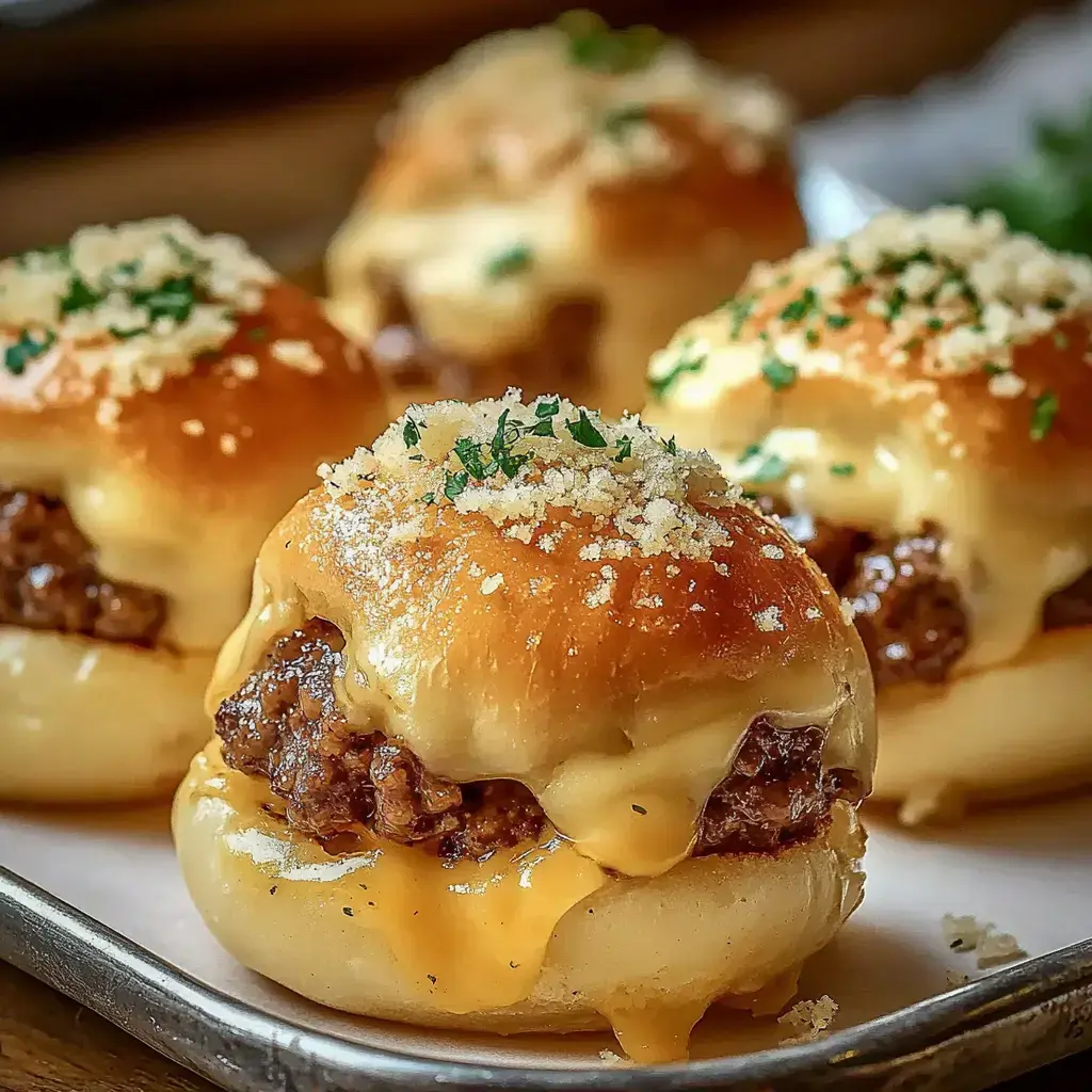 Panecillos rellenos de carne y queso, cubiertos de perejil y pan rallado, recién horneados.