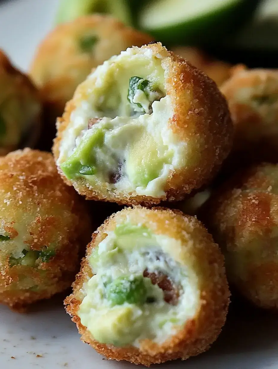 Un primer plano de bocaditos de aguacate empanizados y dorados cortados por la mitad, mostrando un relleno cremoso con trozos de aguacate y hierbas dentro.