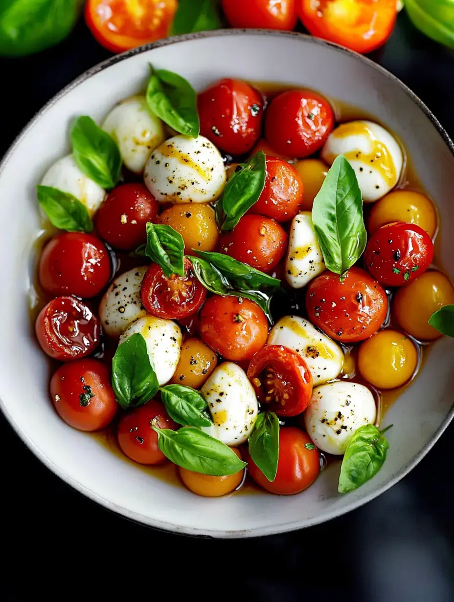 Un bol con tomatitos de colores, bolitas de mozzarella fresca y hojas de albahaca con aceite de oliva y sazonado.
