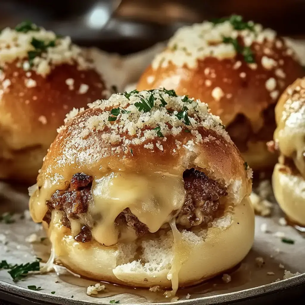 Panecillos suaves rellenos de carne y queso, con perejil y pan rallado encima, en bandeja para compartir.