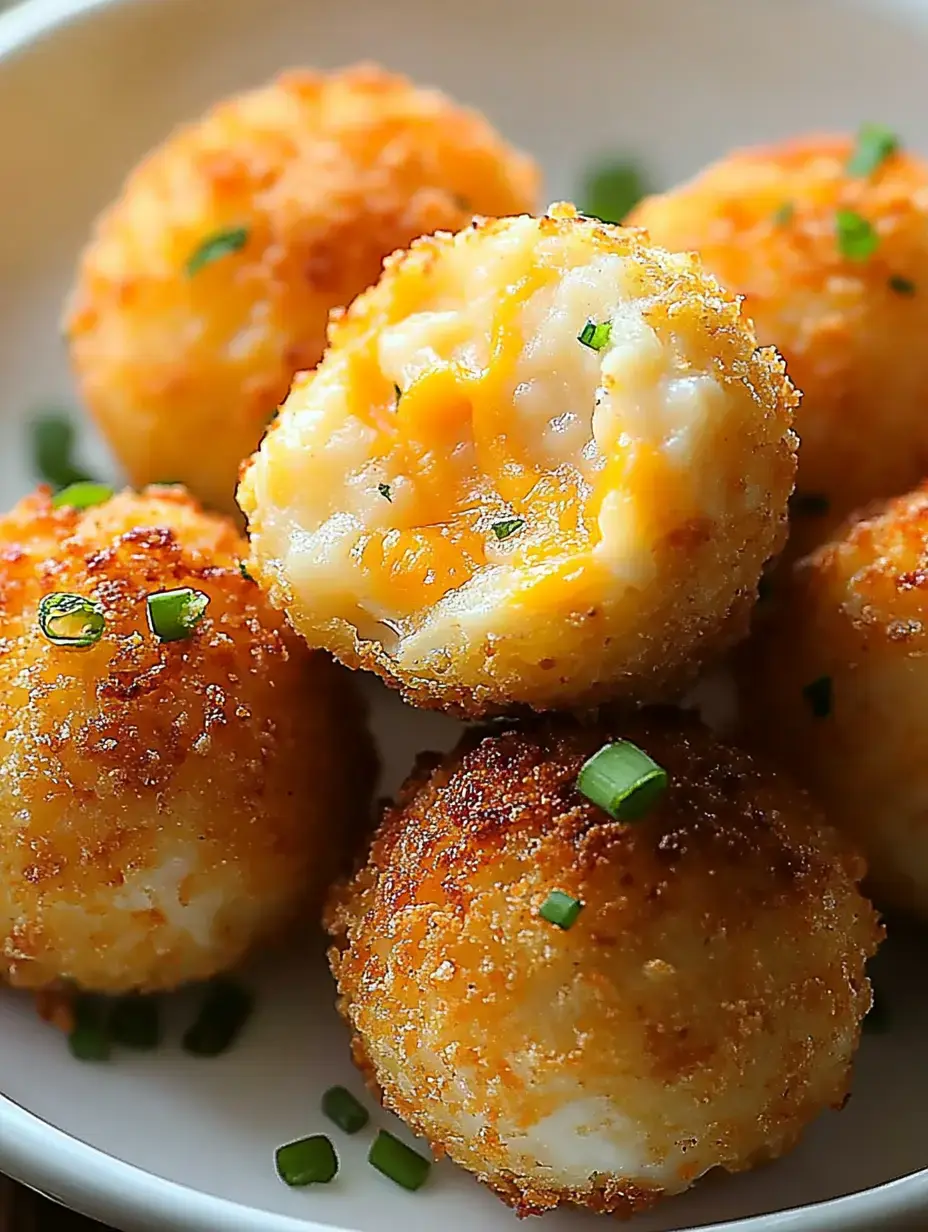 Plato de bolitas de queso doradas y crujientes, una abierta mostrando el queso derretido, decoradas con cebollín fresco.