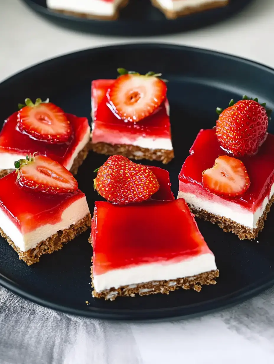 Un plato con cuadrados de postre de crema y fresas en capas, cubiertos con fresas frescas y gelatina brillante.