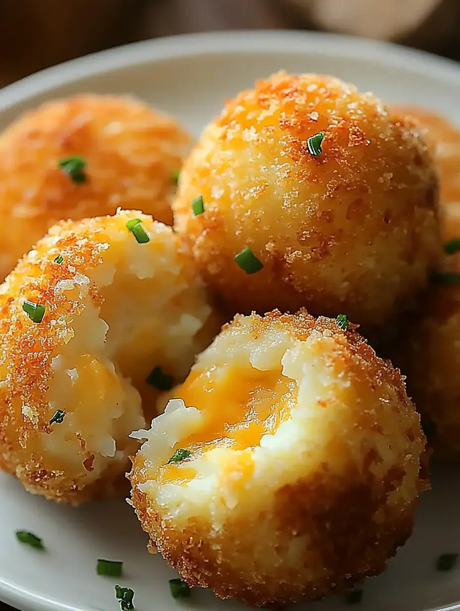 Plato de bolitas de patata doradas y crujientes, con queso fundido en el centro y decoraciones de cebollino fresco.
