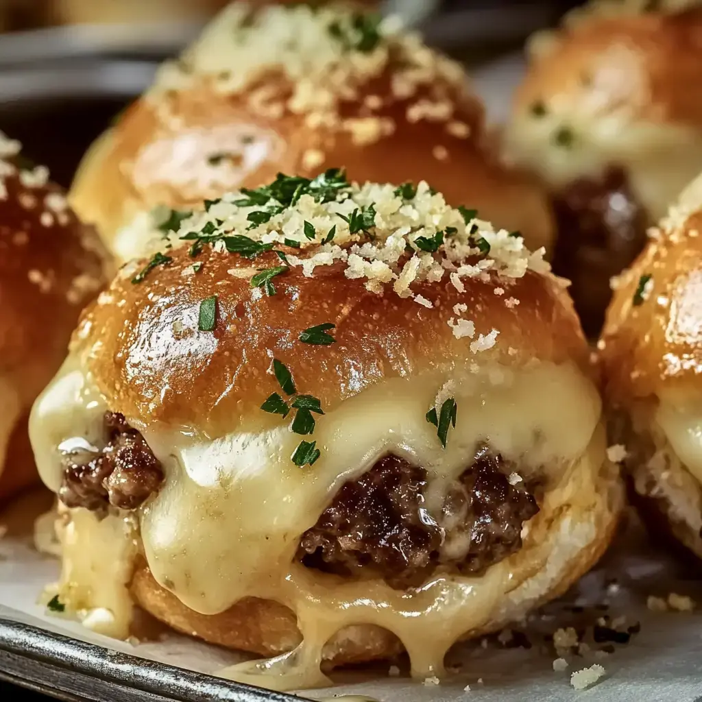 Panecillos rellenos de carne y queso con pan rallado y perejil, todo dorado en la bandeja.