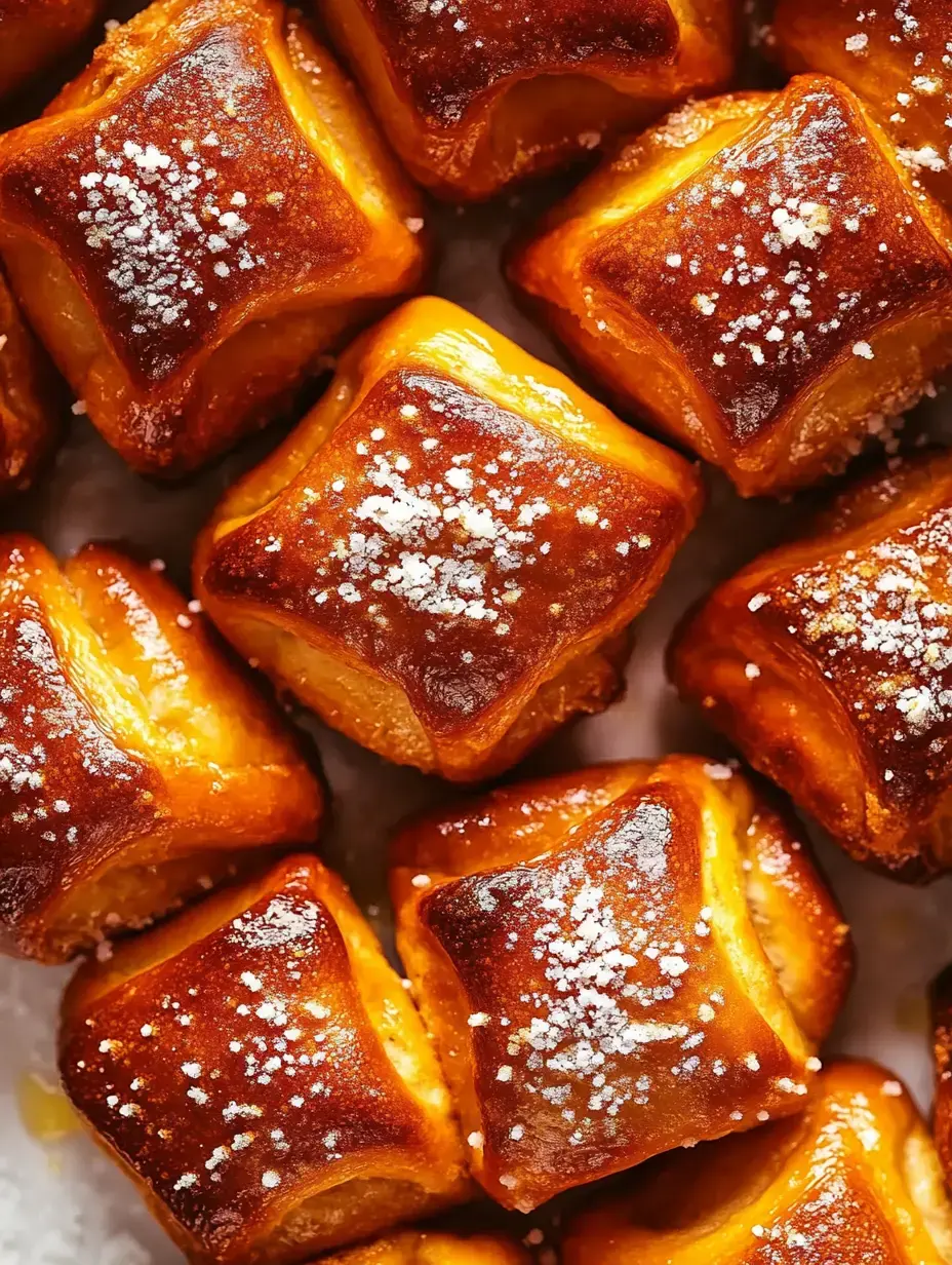 Primer plano de pastelitos cuadrados dorados espolvoreados con azúcar glass.