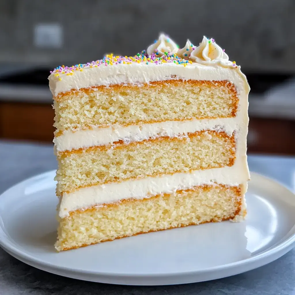Una rebanada de pastel de vainilla de tres capas con betún cremoso y chispas de colores encima, servida en plato blanco.