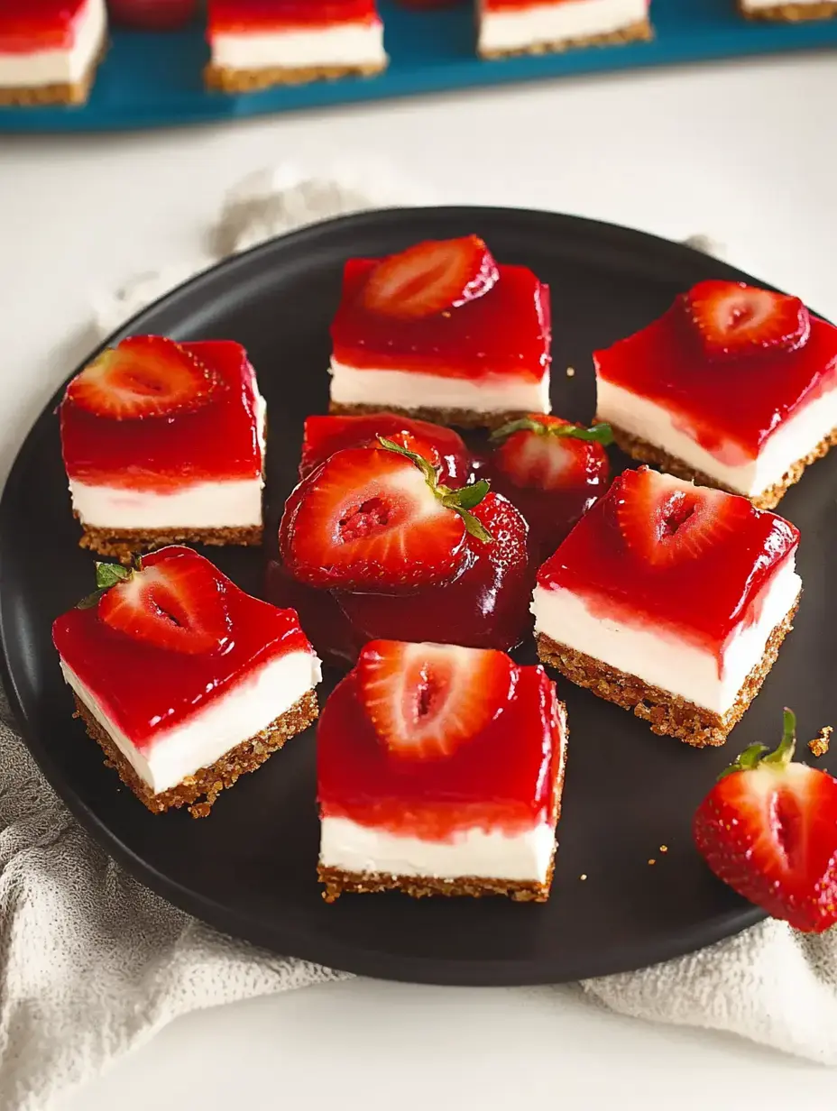 Un plato negro con trozos rectangulares de postre de fresa, cubiertos de gelatina roja brillante y trocitos de fresa fresca.
