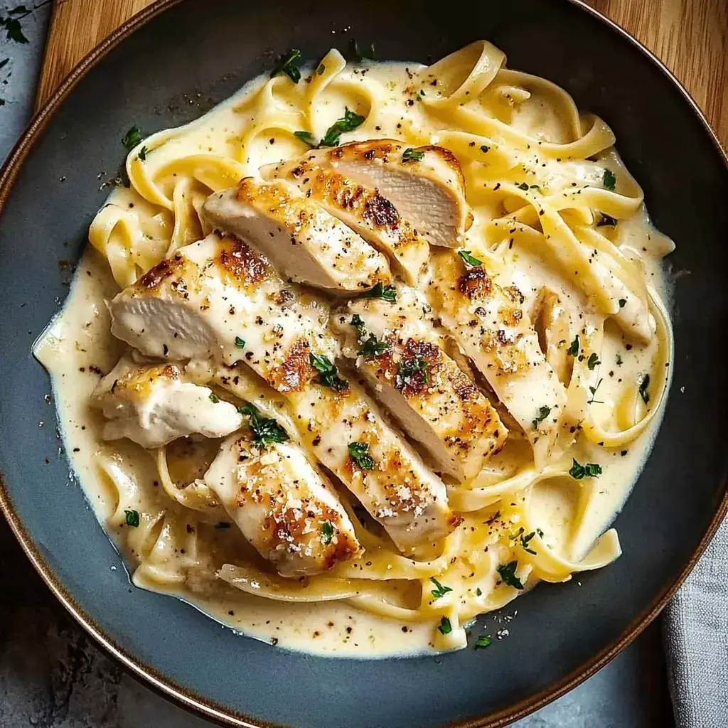 Un plato de fettuccine con pollo asado en rodajas, bañado en salsa cremosa y decorado con hierbas frescas.