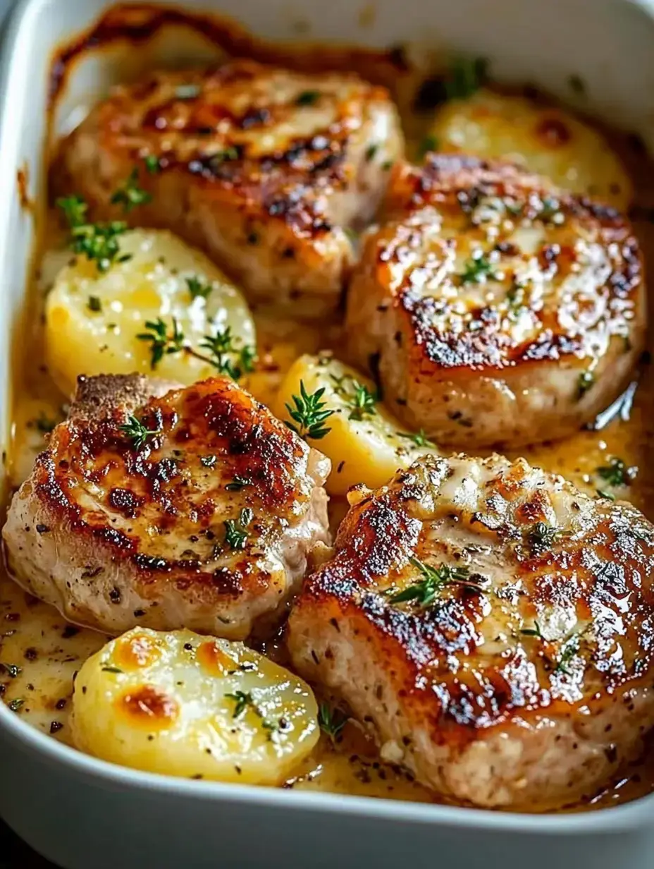 Fuente con chuletas doradas y patatas en rodajas decoradas con hierbas frescas.