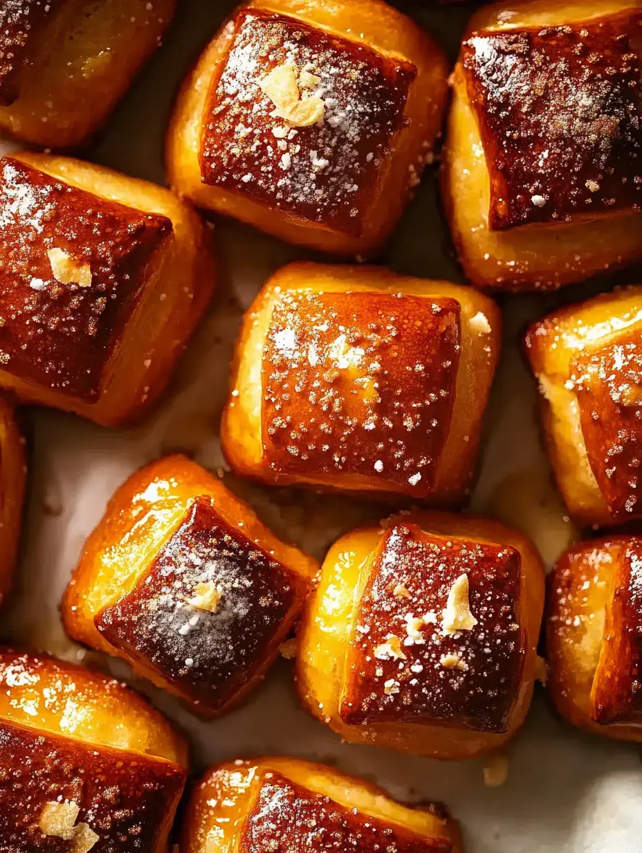 Primer plano de pastelitos cuadrados dorados con corteza caramelizada brillante y un toque de azúcar glass.