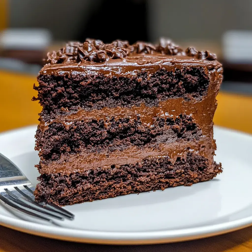 Una porción de pastel de chocolate bien cremoso y varias capas, servida en un plato blanco con un tenedor.