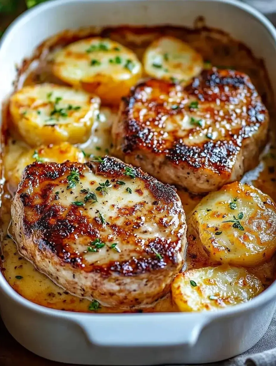 Cerquita de las chuletas doradas con queso fundido y patatas asadas, espolvoreadas con hierbas.