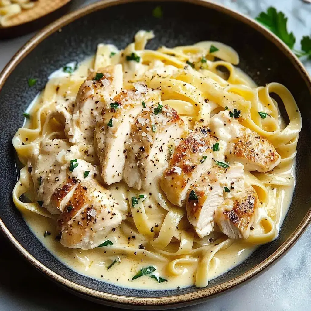 Un bol repleto de fettuccine en salsa cremosa, cubierto con pollo en rodajas y perejil.