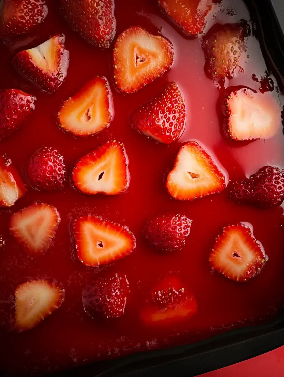 Vista detallada de fresas cortadas flotando en gelatina roja.