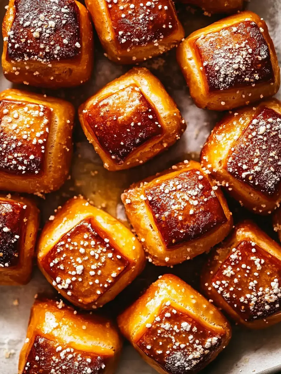 Primer plano de pastelitos cuadrados dorados espolvoreados con azúcar glass.