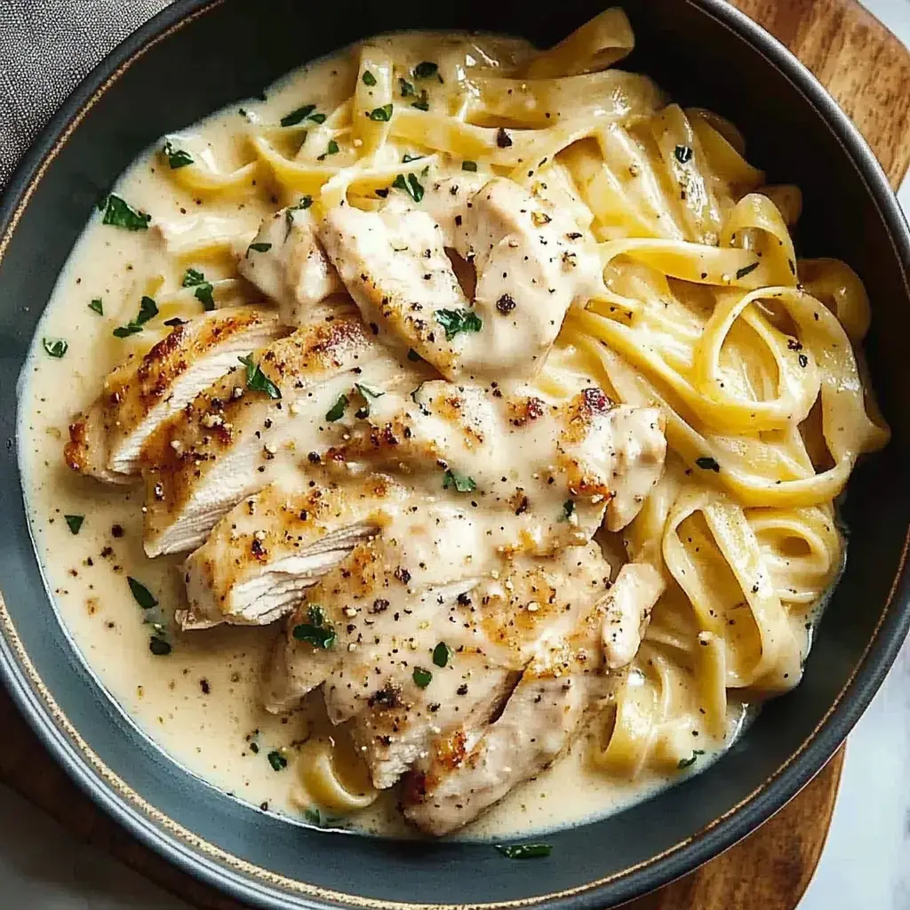 Un bol de fettuccine cremoso con pollo en rodajas, decorado con perejil picado.