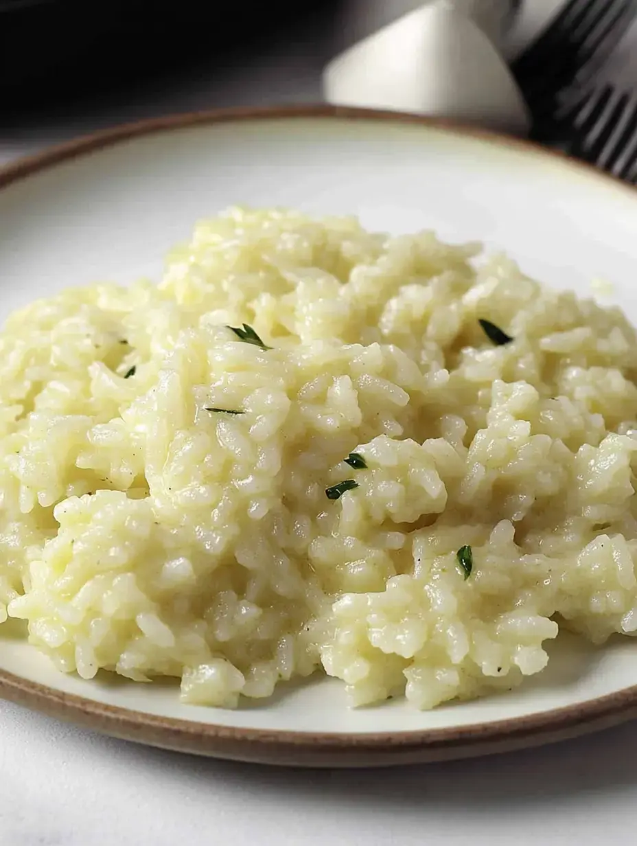 Arroz cremoso con hierbas verdes picadas por encima en el plato.