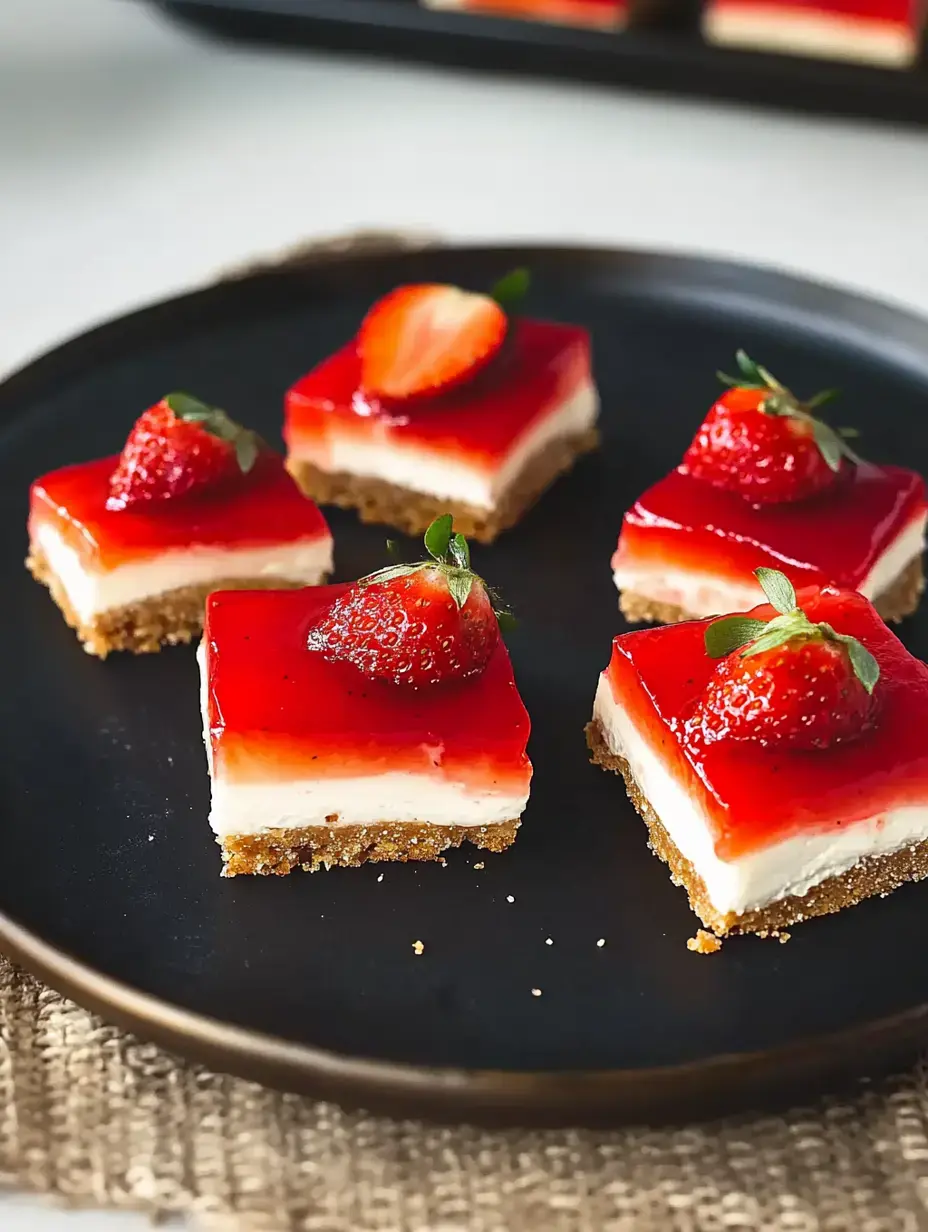 Un plato con cuadrados de postre de fresa y cheesecake, cubiertos de gelatina roja de frutas y fresas frescas.