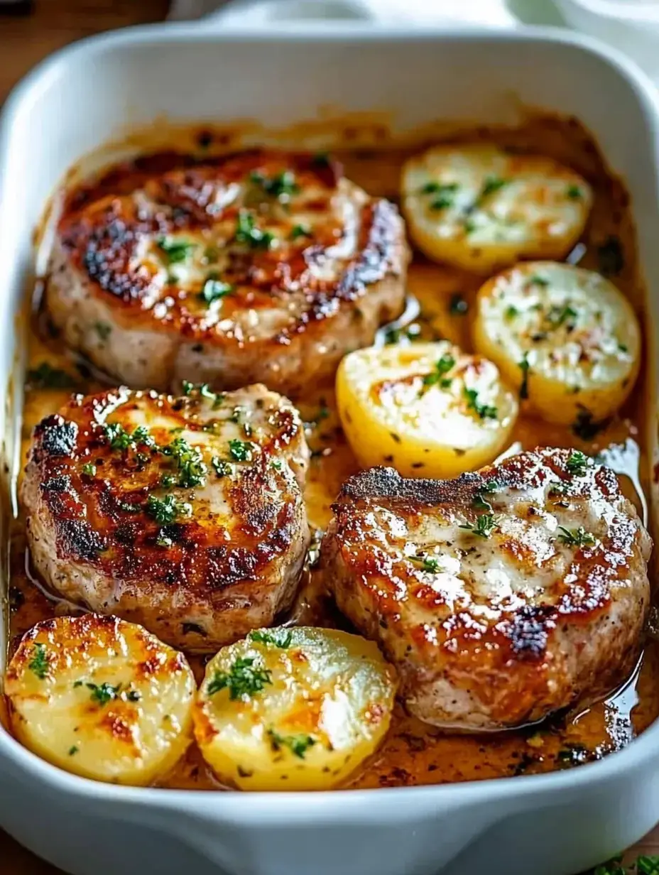 Fuente blanca con patatas doradas y chuletas decoradas con hierbas frescas.