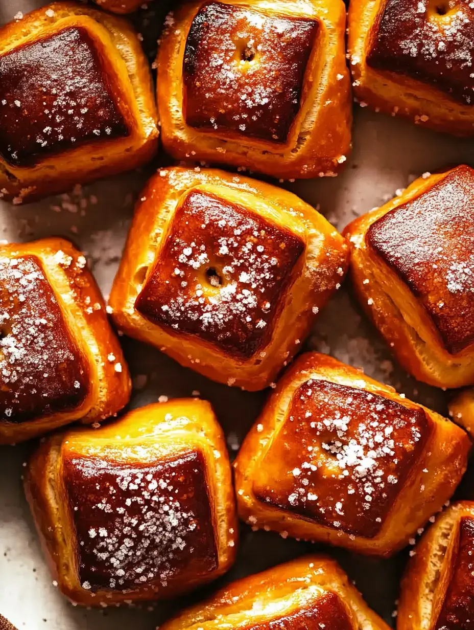 Vista cercana de pastelitos cuadrados dorados cubiertos con sal gruesa, ordenados pulcramente en una bandeja.