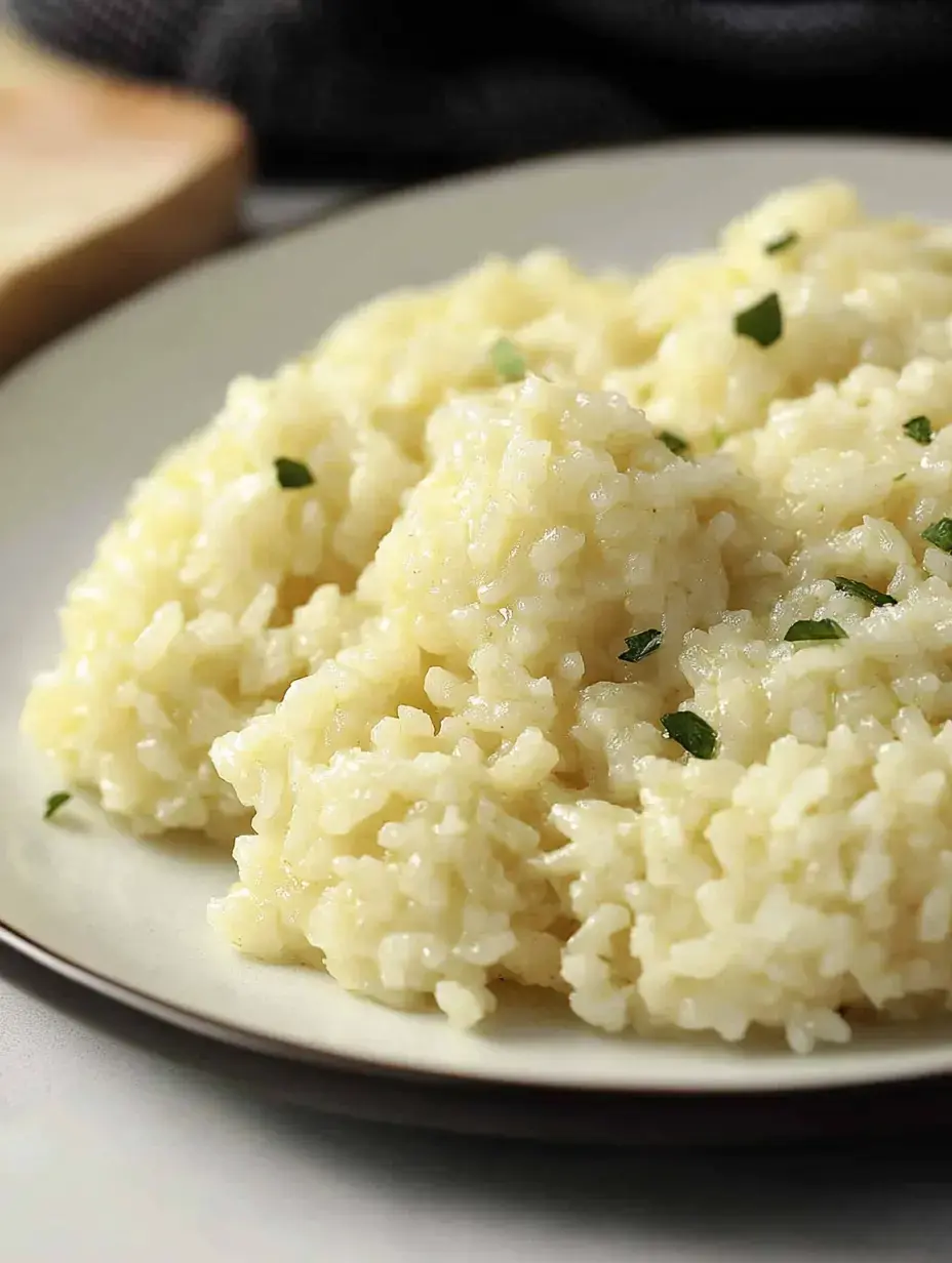Plato de arroz cremoso con hierbas verdes encima, de cerca.