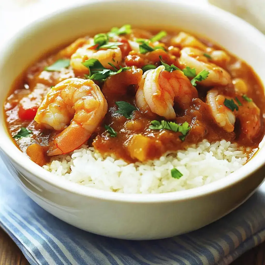Un tazón de arroz blanco con camarones en salsa marrón, adornado con hierbas frescas.