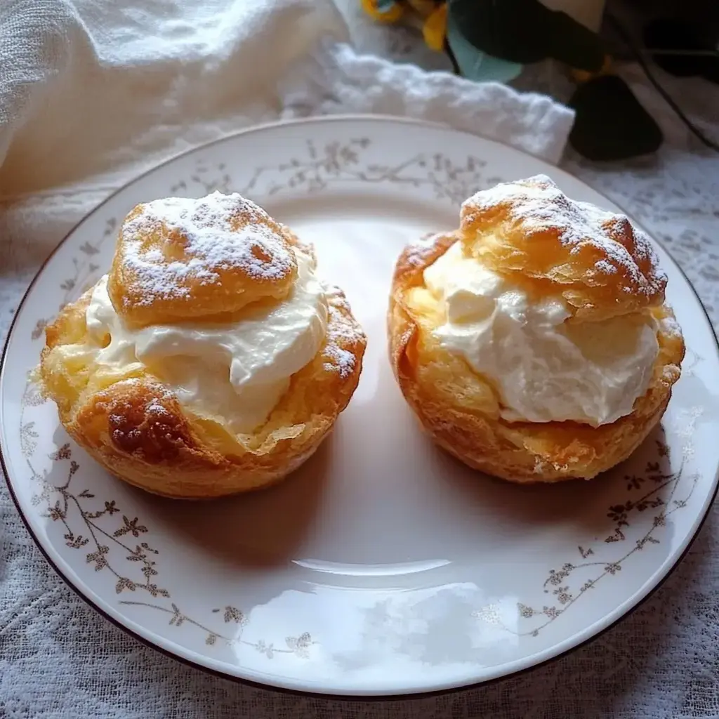 Dos pastelitos rellenos y espolvoreados con azúcar glas en un plato bonito.