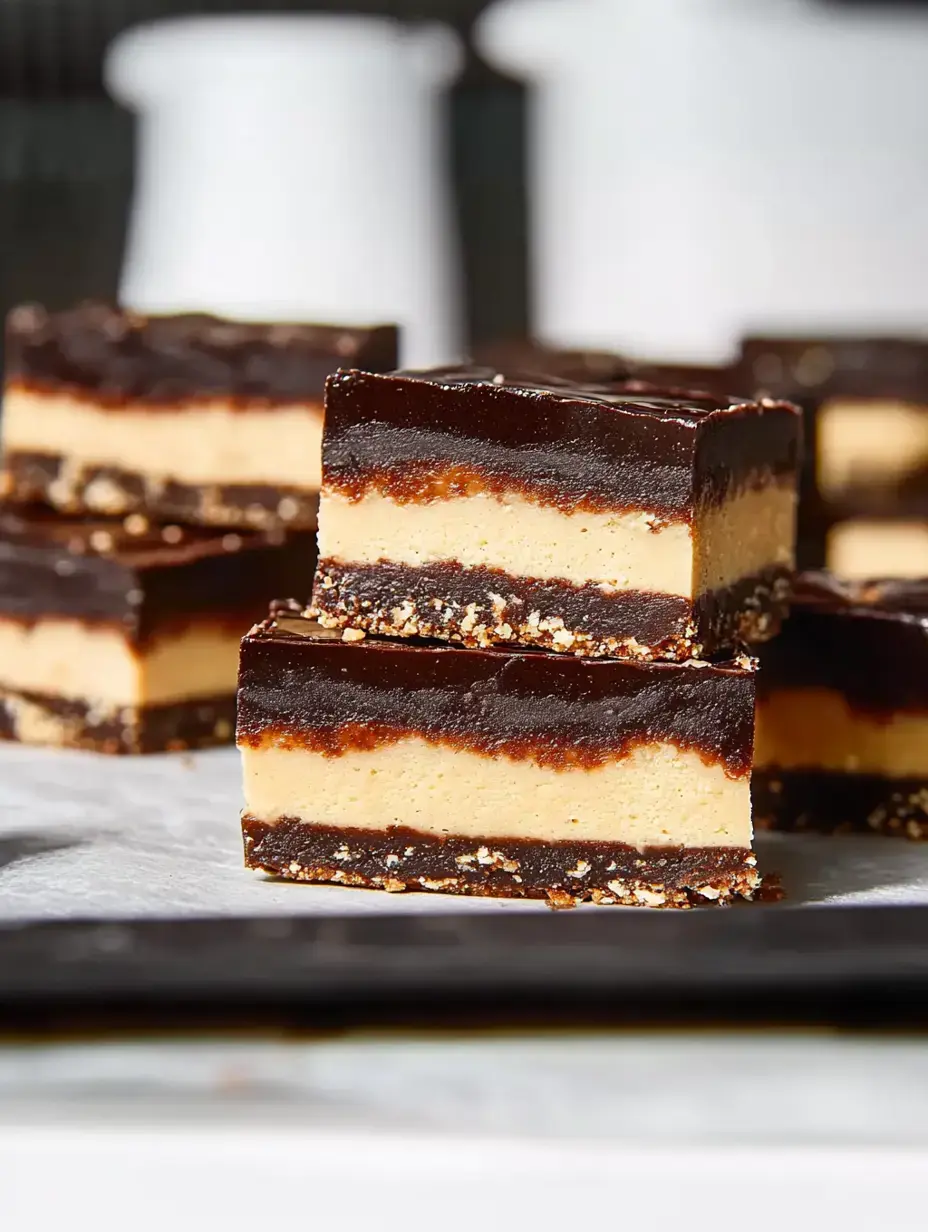 Apilado de barritas de chocolate con capas y mantequilla de cacahuete sobre papel de horno.