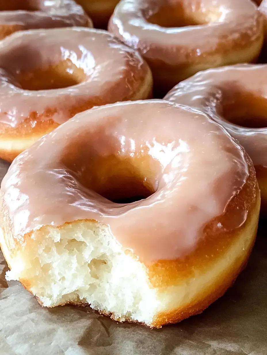 Una dona glaseada mordida junto a varias donas glaseadas enteras.