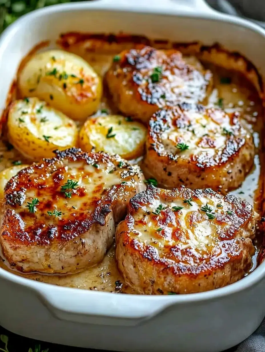 Chuletas doradas con queso fundido y patatas en salsa cremosa en una fuente blanca.