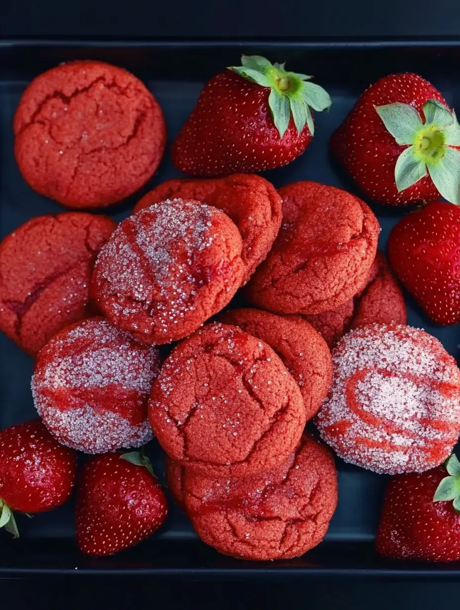 Un plato de galletas rojas espolvoreadas con azúcar, rodeado de fresas frescas.