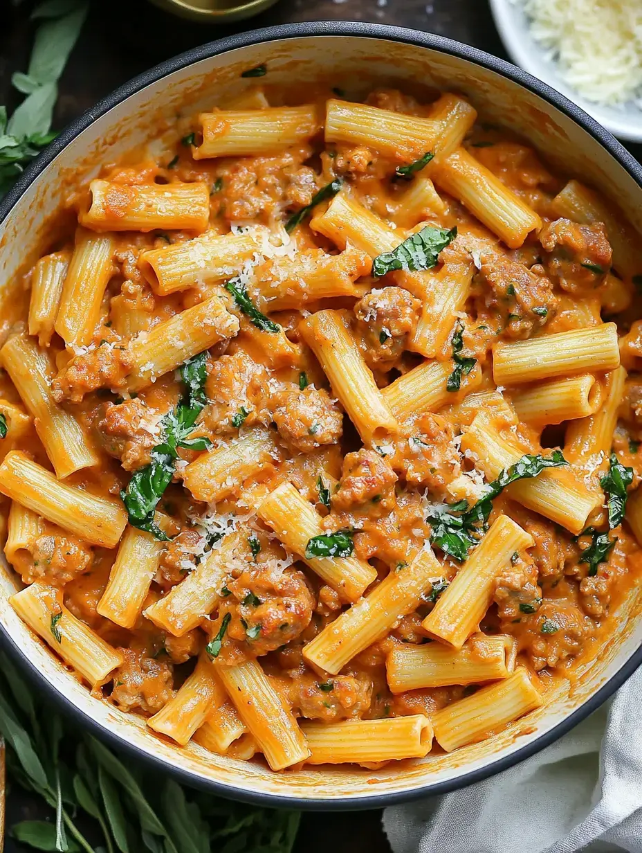 Plato de pasta cremosa con rigatoni, salchicha, hierbas y parmesano rallado encima.