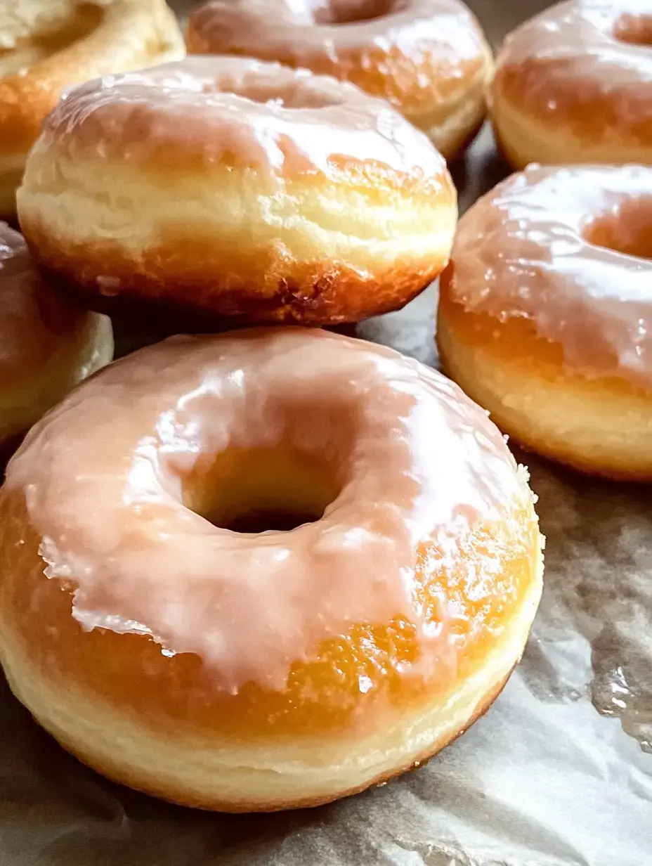Un primer plano de donas recién glaseadas ordenadas sobre papel de hornear.