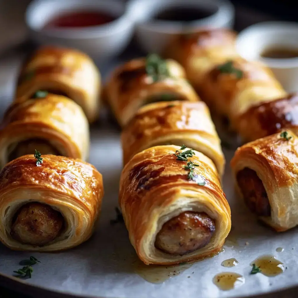 Una bandeja con rollitos de salchicha dorados decorados con hierbas frescas, acompañados de pequeños recipientes de salsas para mojar.