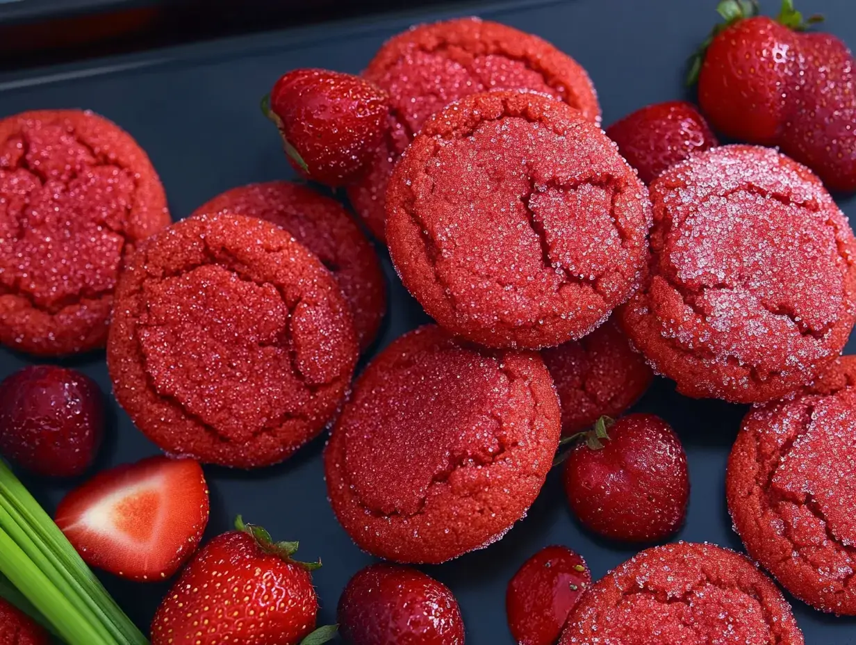 Vista de cerca a galletas rojas brillantes rodeadas de fresas frescas sobre fondo negro.