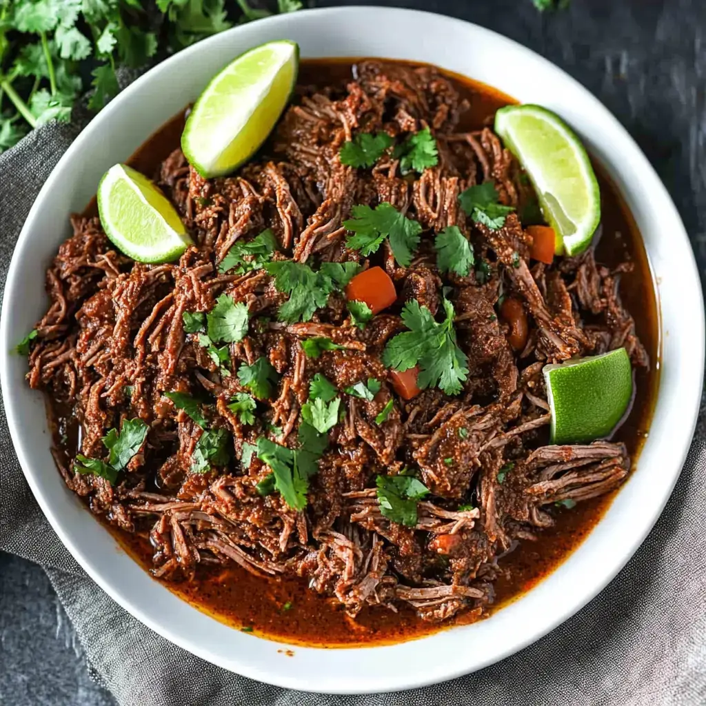 Un bowl blanco con carne deshebrada y una salsa espesa, decorado con cilantro fresco y rodajas de lima.