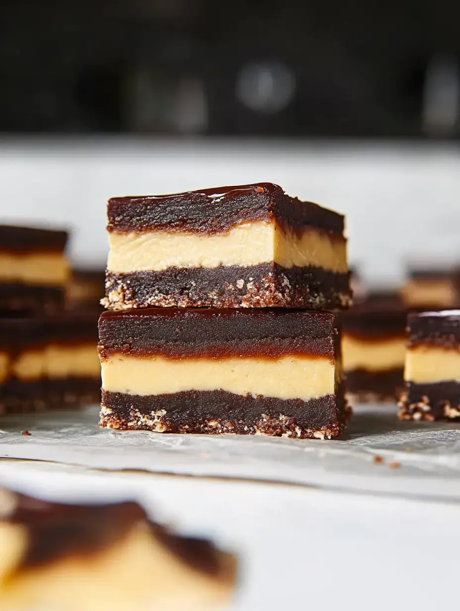 Detalle de barritas de postre con capas de chocolate, caramelo cremoso y base crujiente.