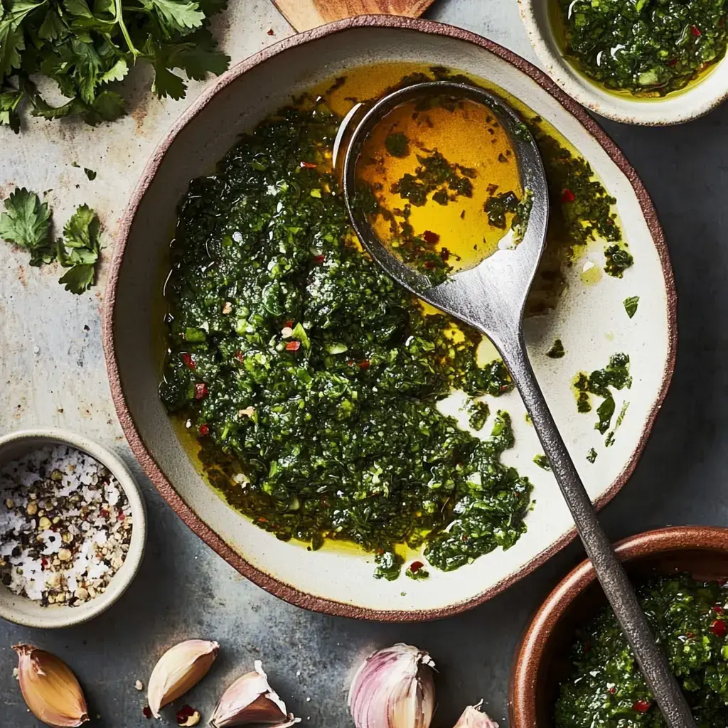 Un cuenco de salsa verde brillante con hierbas y especias, acompañado de dientes de ajo y un platito de sal.