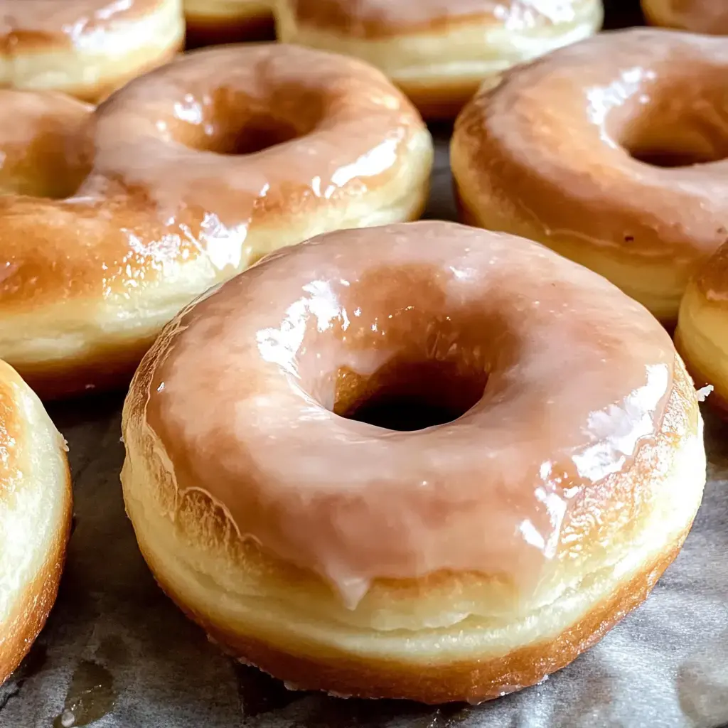 Primer plano de donas recién glaseadas con un glaseado brillante color marrón claro sobre papel de hornear.