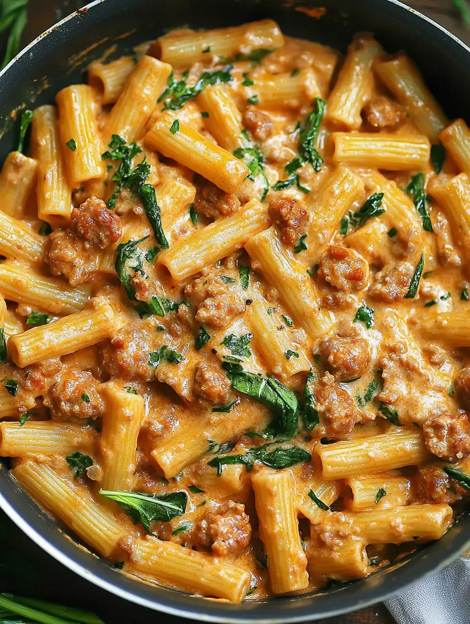 Plato de pasta cremosa con rigatoni, trozos de salchicha y hierbas, hecho en sartén.