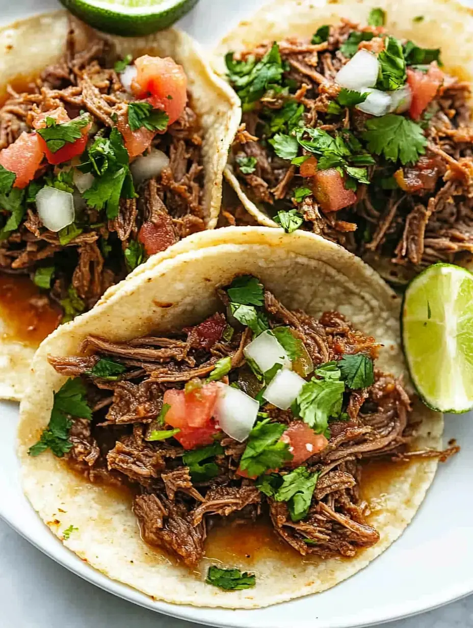 Tres tacos rellenos de carne deshebrada, tomate picado, cebolla y cilantro, acompañados de gajos de lima.