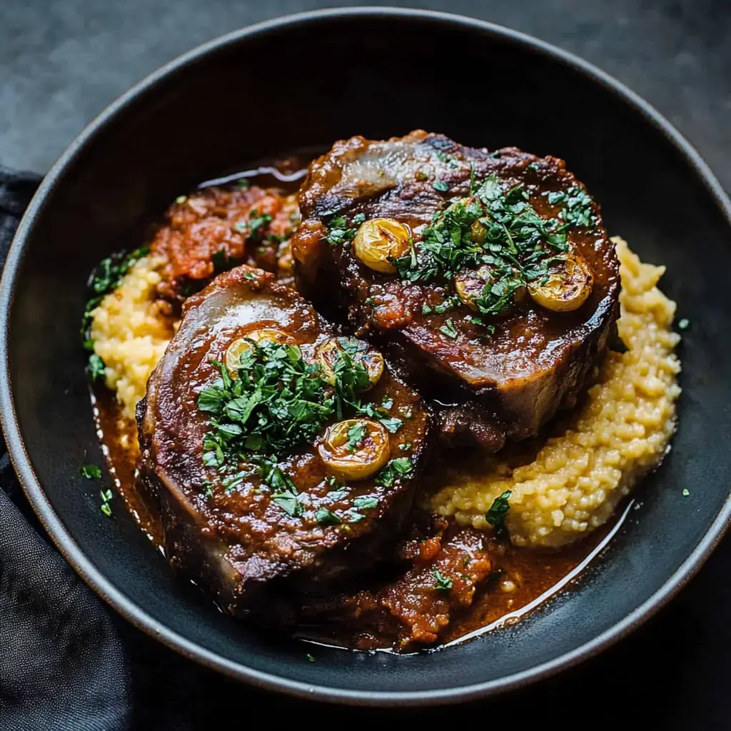 Un plato hondo con carne suave y jugosa, encima de polenta cremosa, todo con hierbas frescas y una salsa espesa por encima.