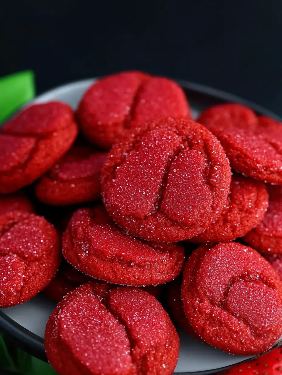 Vista cercana de un plato lleno de galletas rojas cubiertas de azúcar.