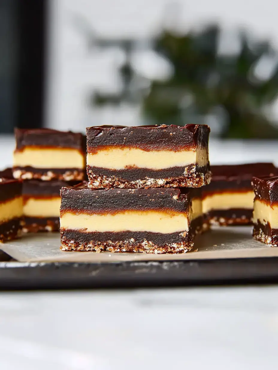 Barritas con capas de chocolate y caramelo sobre bandeja, fondo desenfocado.