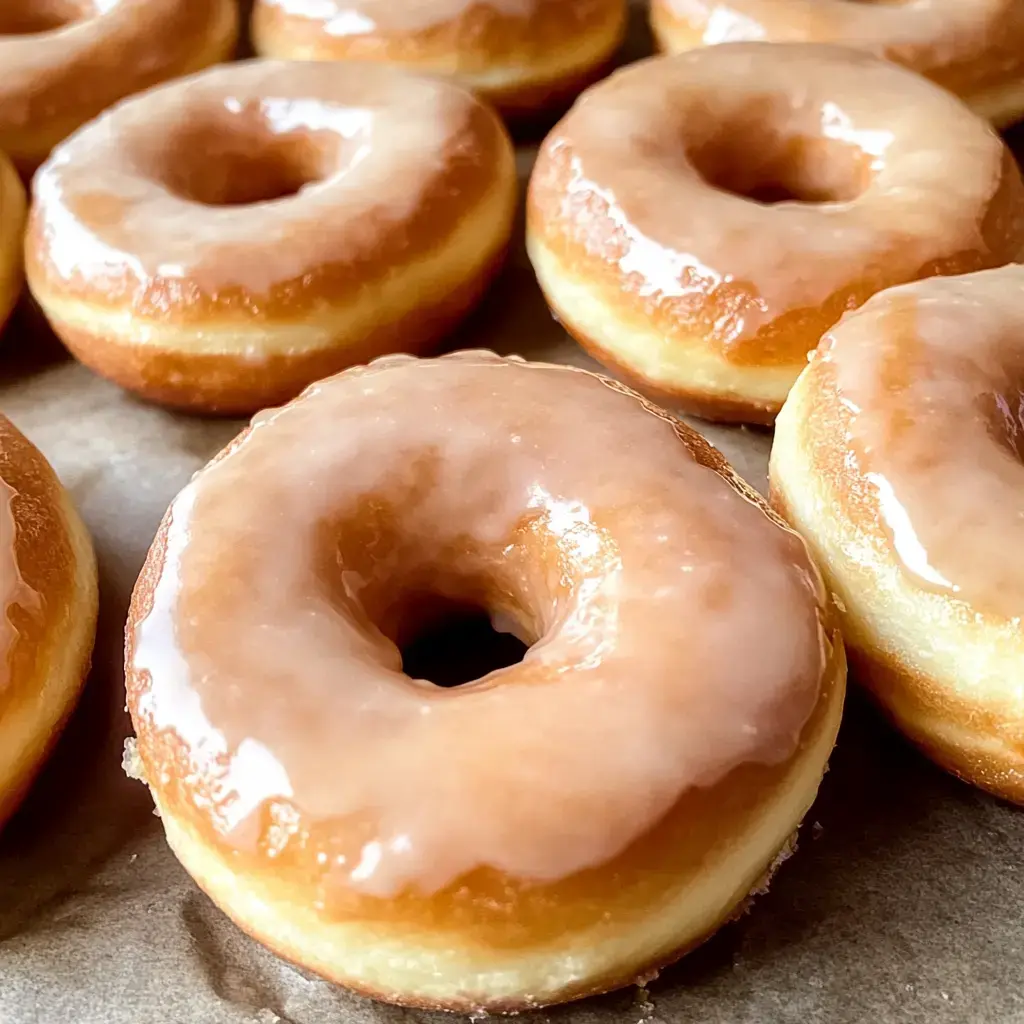 Primer plano de un grupo de donas glaseadas colocadas juntas sobre una bandeja de hornear.