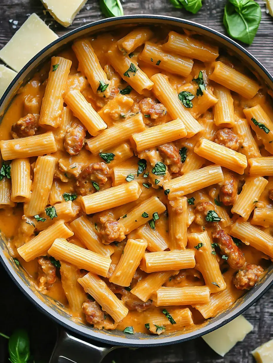 Rigatoni en salsa cremosa con salchicha, albahaca fresca y trocitos de queso en sartén.