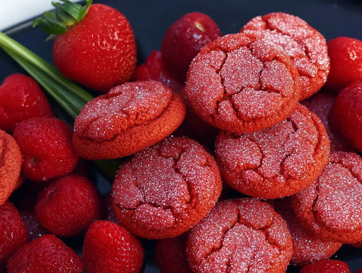Vista muy de cerca de galletas rojas brillantes rodeadas de fresas y frambuesas frescas en un plato oscuro.