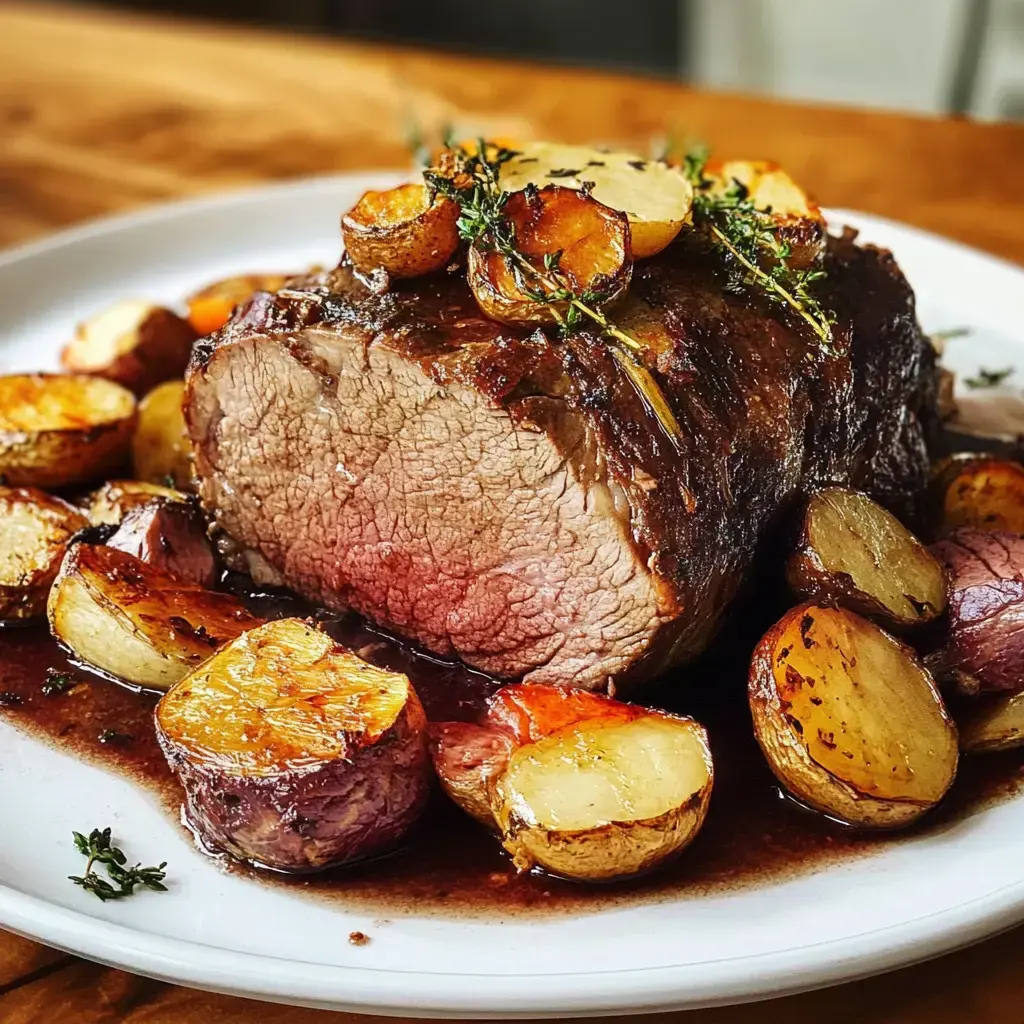 Un plato de carne asada jugosa adornado con tomillo fresco y papas asadas de colores sobre un plato blanco.