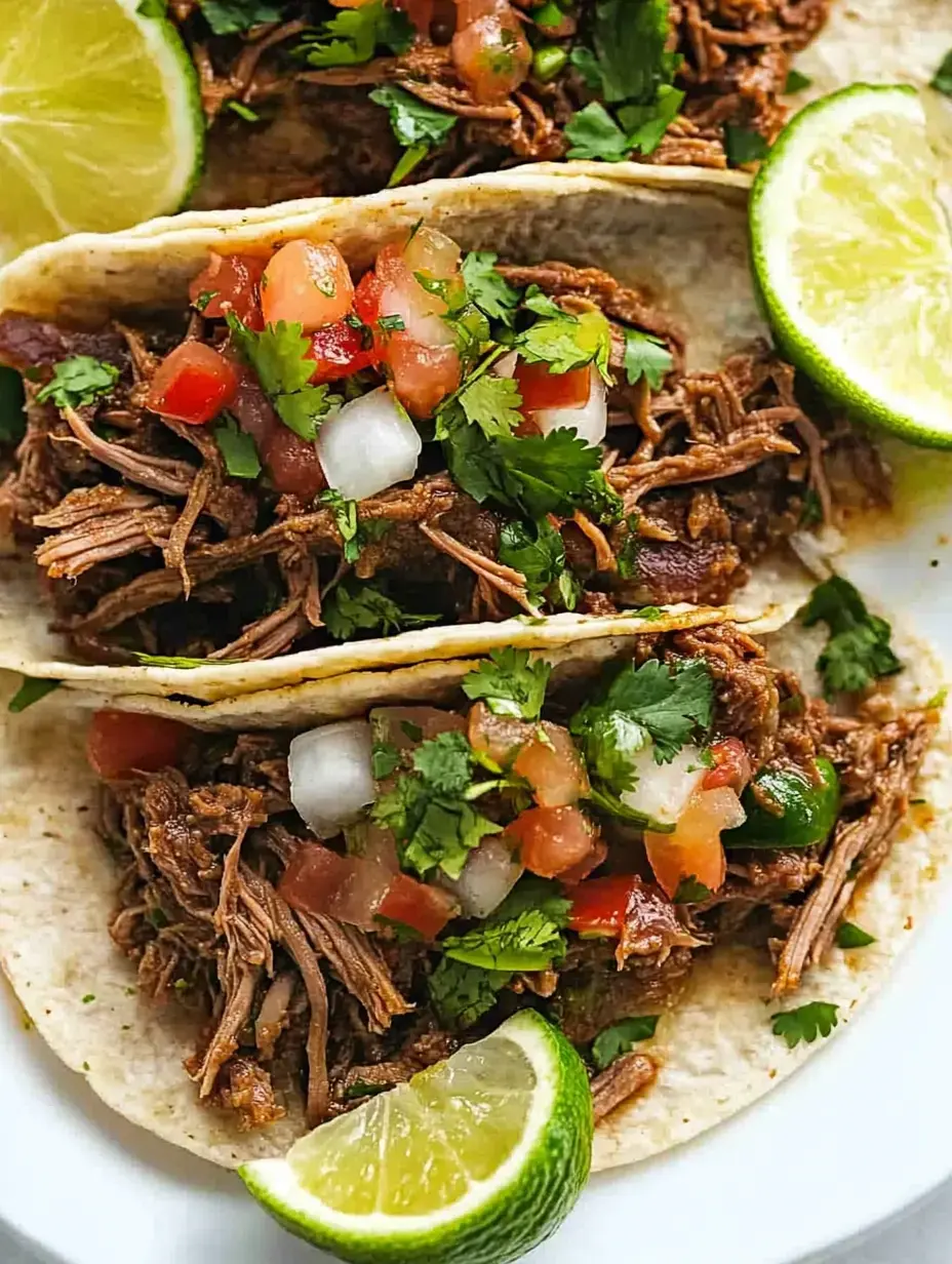 Tres tacos rellenos de carne deshebrada, con tomate, cebolla, cilantro y limas frescas.